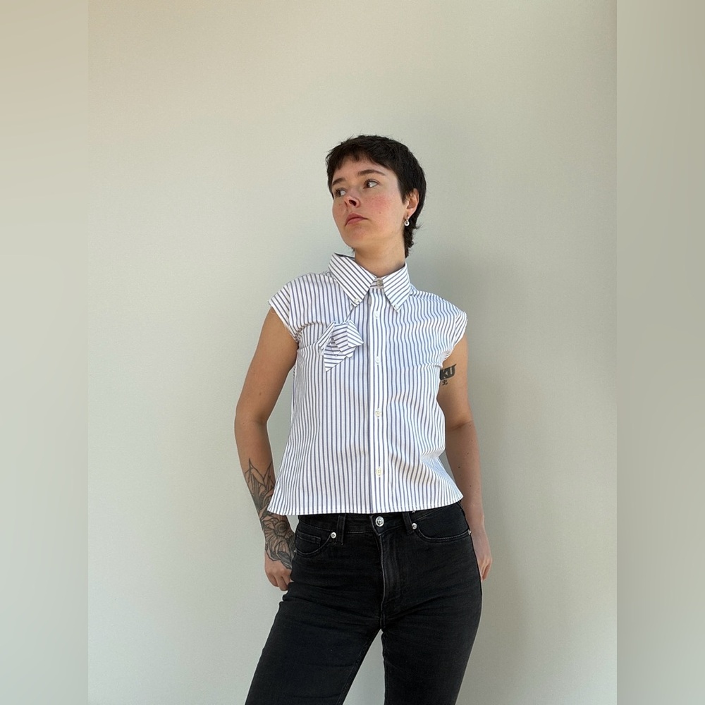 Striped Sleeveless Button-Up Polo Top